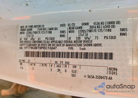 2023 Ford F250 Super Duty z USA, uszkodzony, nr VIN 1FT7W2BT5PEC13247